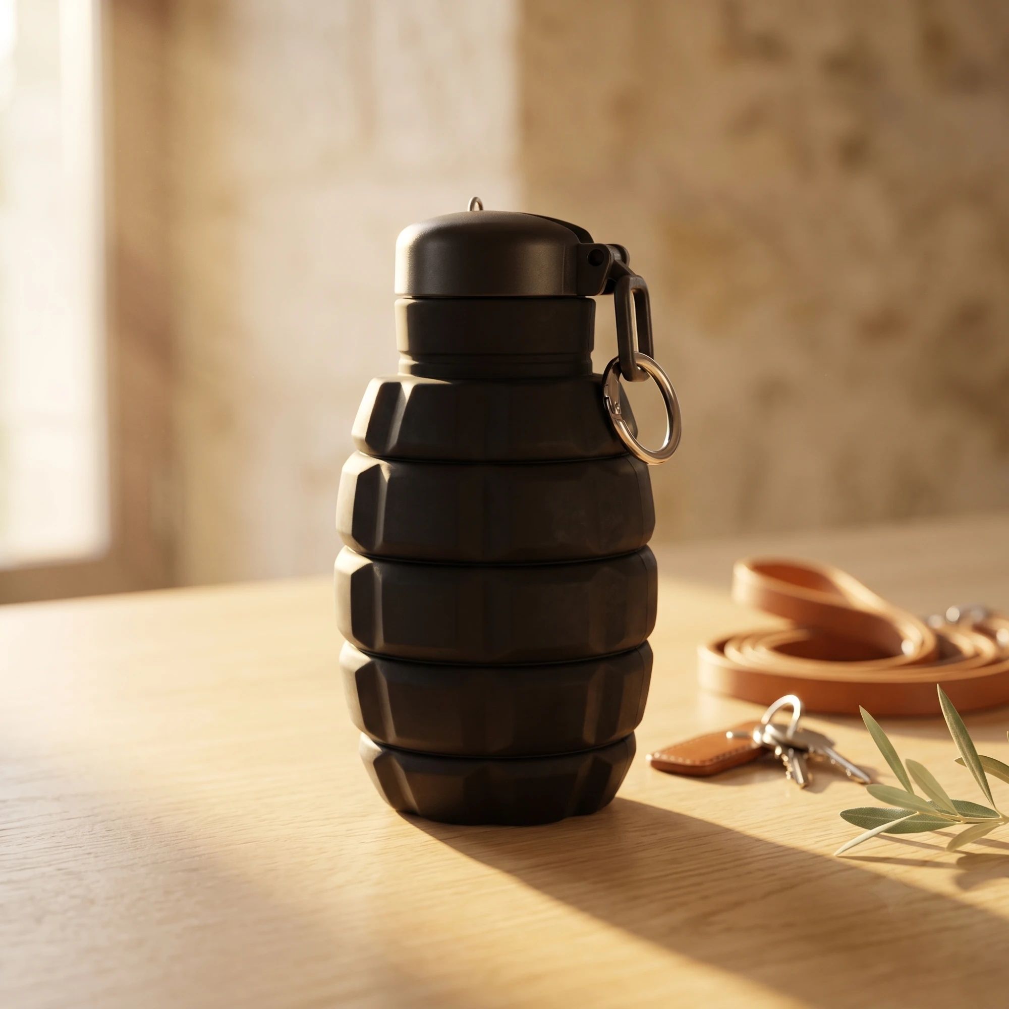 KIVVO foldable bottle on a wooden table, next to a dog lead and keys