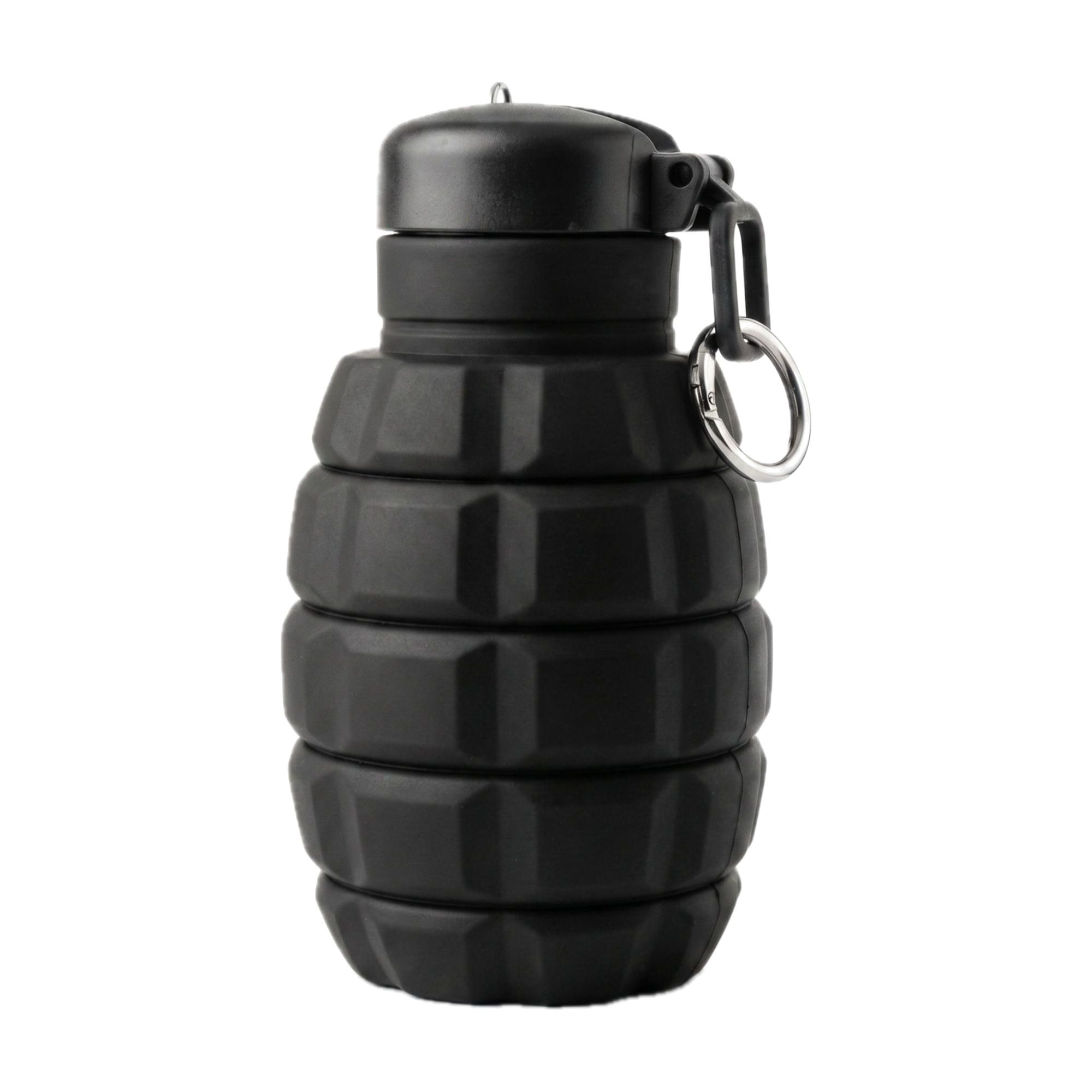 Black KIVVO foldable bottle with carabiner, on a white background