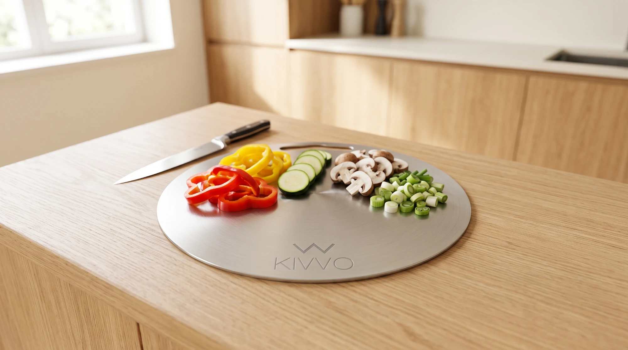 KIVVO steel cutting board with sliced pepper, courgette and mushrooms, on a wooden worktop