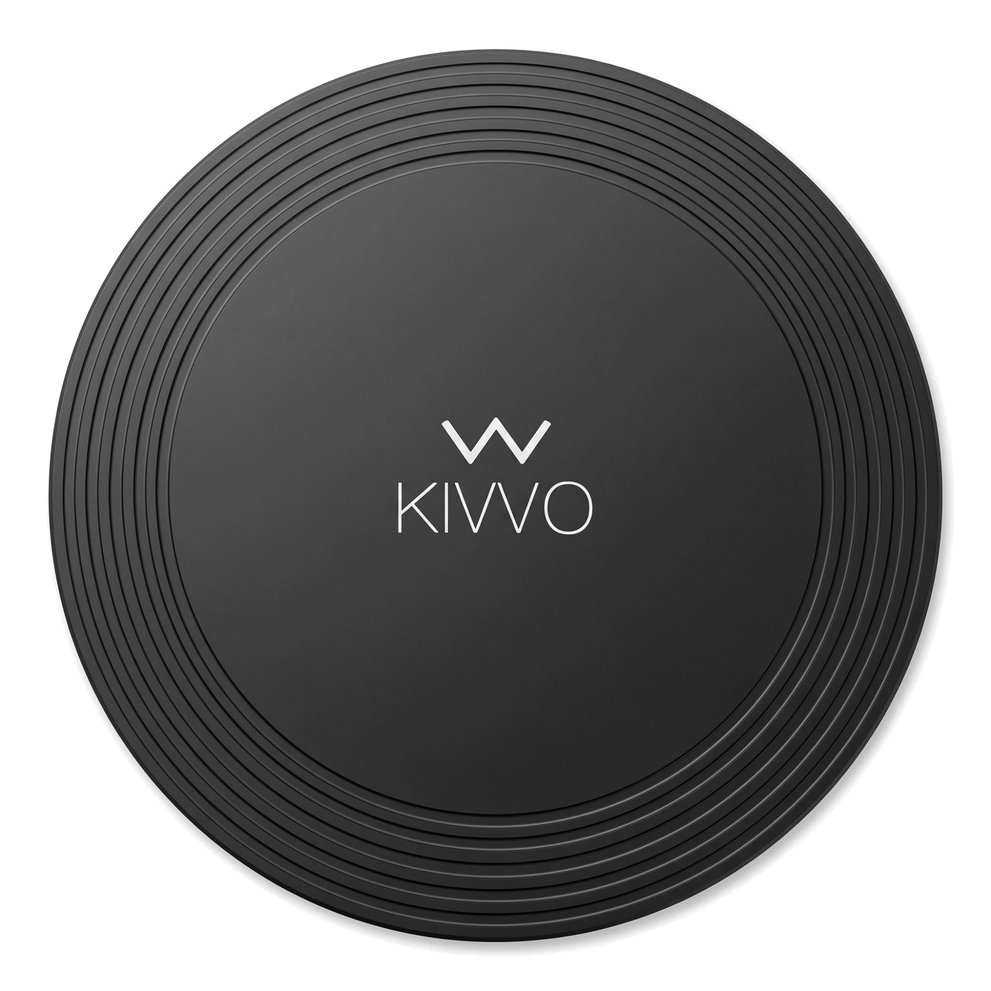 Tabla de descongelación KIVVO redonda y negra, con surcos concéntricos y el logo en blanco, sobre fondo blanco