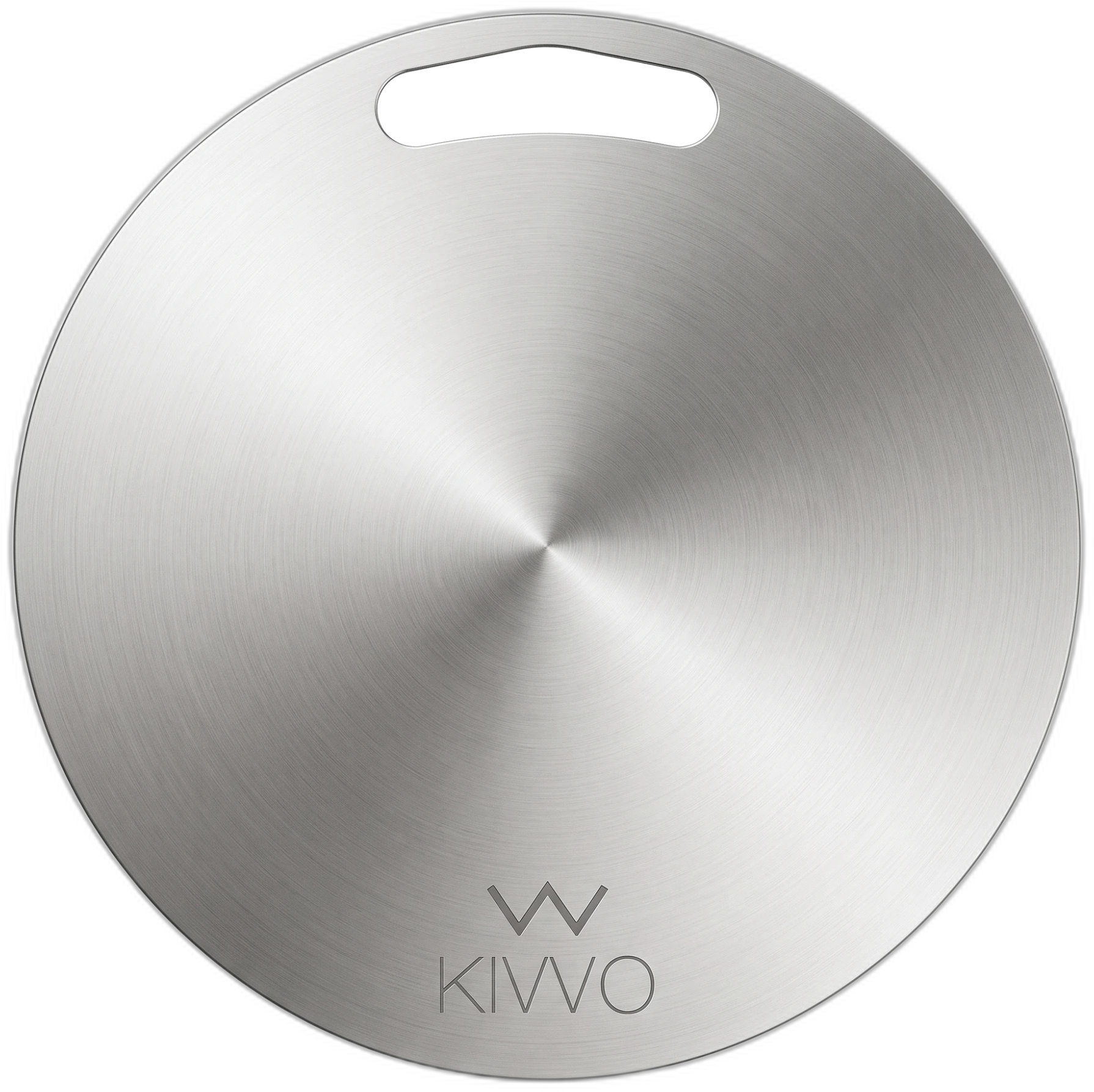 Round KIVVO stainless steel cutting board, with a die-cut handle and a laser-marked logo